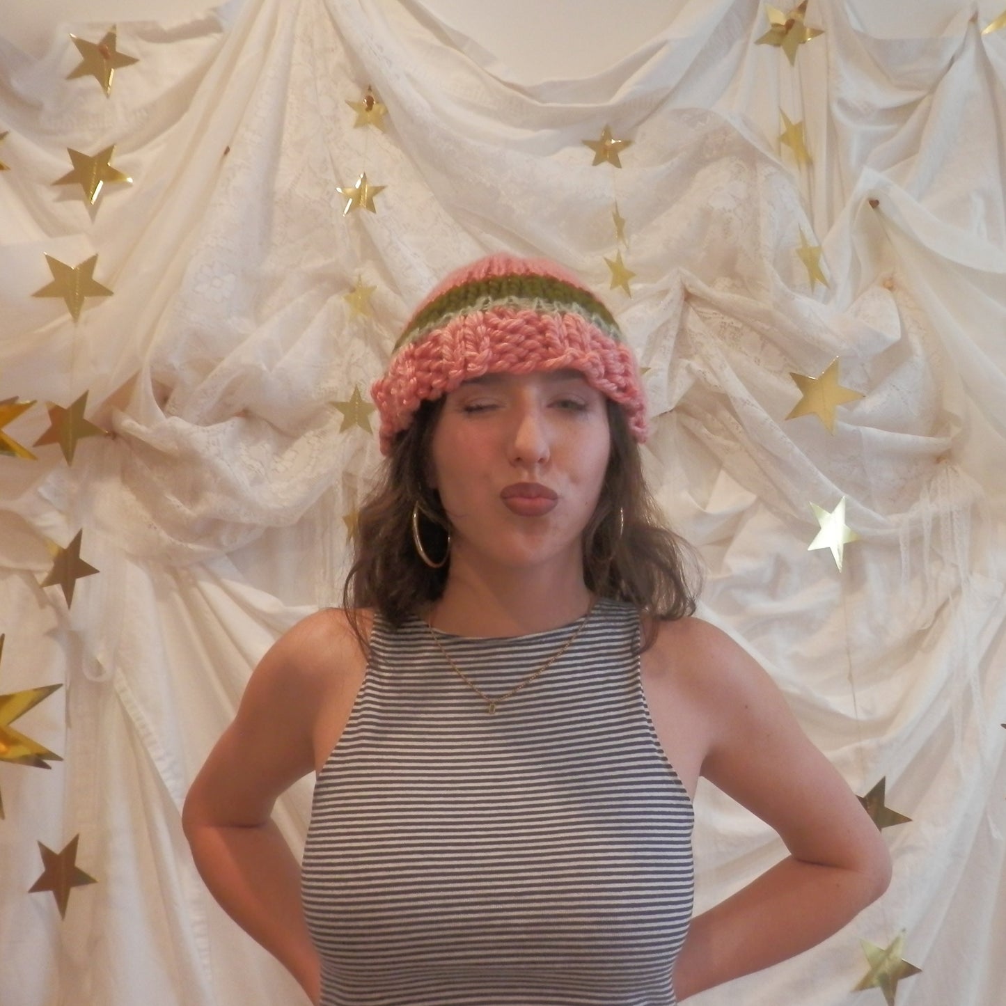 fuzzy knit beanie in bubblegum